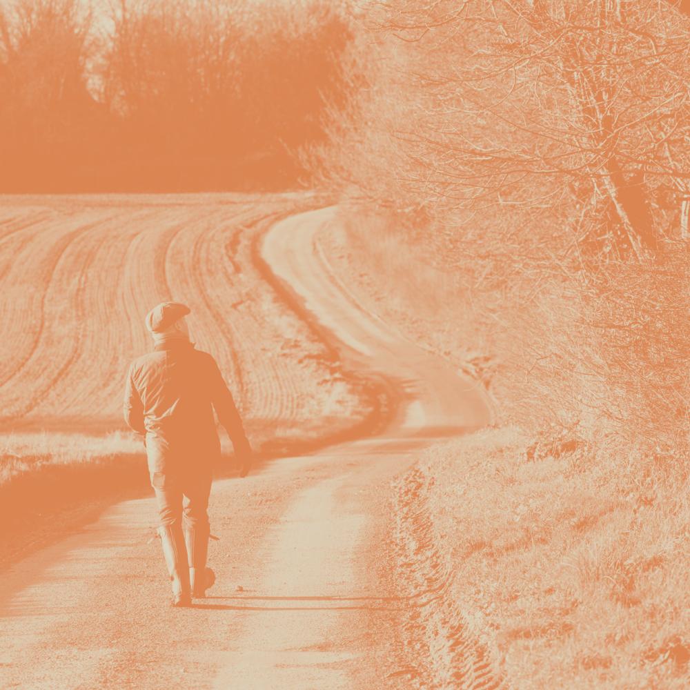 Farmer walking through fields